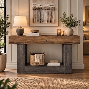 May include: A rectangular console table featuring a thick, natural-toned wooden top supported by two dark, textured wooden legs. The table includes a lower shelf holding a woven wicker basket with a light-coloured fabric draped inside and a small box.