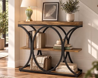 Haltafel van hout en metaal met 2 planken, moderne bijzettafel