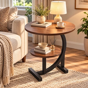 Può includere: Un tavolino rotondo con piano in legno scuro e ripiano inferiore, sostenuto da una struttura in metallo nero a forma di C. Il tavolo ospita una piccola pianta in vaso, una lampada, una tazza bianca, una ciotola e due libri impilati.