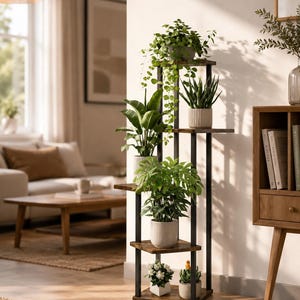 Puede incluir: Un soporte alto para plantas de varios niveles con un marco de metal negro y estantes de madera de color marrón oscuro. La estructura sostiene seis plantas en macetas de diversos tamaños y tipos de follaje, dispuestas en niveles.