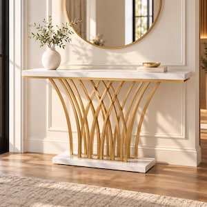 May include: A console table featuring a white marble-patterned rectangular top and a base composed of intersecting gold-toned metal arches. The table rests on a white rectangular plinth base, providing a stable foundation for the structure.