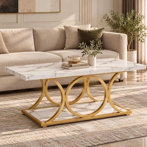 Rectangular white and gold coffee table – Modern living room table with shelf