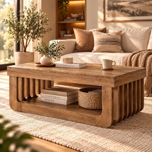 May include: A rectangular wooden coffee table with a slatted base design and a lower shelf. The table surface holds a small white vase with greenery, a book titled The Kinfolk, and a white mug. The lower shelf contains three stacked books and a woven basket.