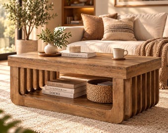 Mesa de centro rectangular rústica de madera con espacio de almacenamiento – 2 niveles