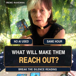 Può includere: Un annuncio per un servizio di lettura dei tarocchi con il testo IRENE RAVENNA, NO AI USED, SAME HOUR, WHAT WILL MAKE THEM REACH OUT? e BREAK THE SILENCE READING. Una persona tiene in mano una carta dei tarocchi raffigurante un gatto.