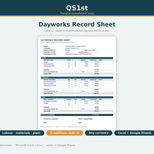 Peut inclure: Un modèle numérique de feuille de relevé de travaux journaliers pour Excel et Google Sheets. Le document comprend des sections pour la main-d'œuvre, les matériaux et le matériel, avec des champs pour les détails du projet et les totaux calculés.