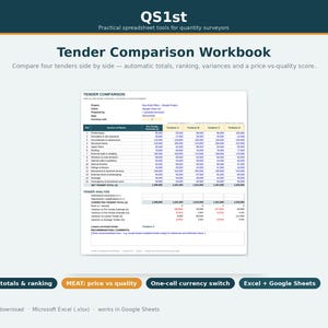 Construction Tender Comparison Template | Excel Bid Evaluation & Scoring Tool
