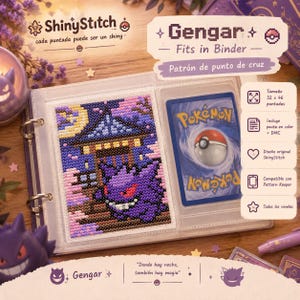 May include: A cross-stitch pattern featuring a purple Gengar character in front of a Japanese-style building at night, displayed in a binder. The text includes ShinyStitch, Gengar, Fits in Binder, Patrón de punto de cruz, and product details.