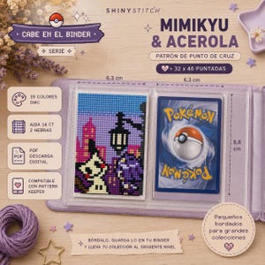 May include: A cross stitch pattern titled Mimikyu & Acerola featuring a pixelated scene of a character and a street lamp. The pattern is 32 x 46 stitches, requires 19 DMC colors, and fits in a binder. The design measures 6.3 cm by 8.8 cm.