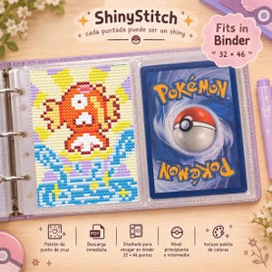 Op de afbeelding: Een kruissteekpatroon van een rode en oranje visfiguur in een transparante insteekhoes naast een Pokémon-verzamelkaart. De pagina toont een rasterontwerp van 32 bij 46 steken. De tekst op de pagina bevat ShinyStitch en Fits in Binder.
