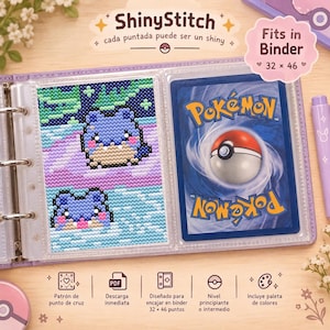 May include: A purple binder containing a cross-stitch pattern of two blue creatures and a Pokémon trading card. The binder features text reading ShinyStitch, Fits in Binder, 32 x 46, and includes icons for a PDF download and color palette.