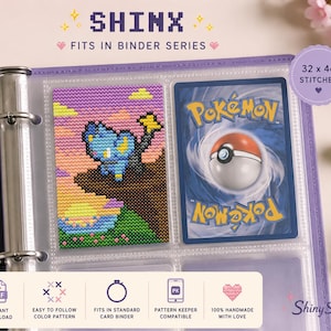 May include: A cross-stitch pattern of the Pokemon Shinx in a purple binder. The pattern features a blue Shinx on a cliff at sunset, next to a standard Pokemon card. Text reads SHINX FITS IN BINDER SERIES and 32 x 46 STITCHES with icons.