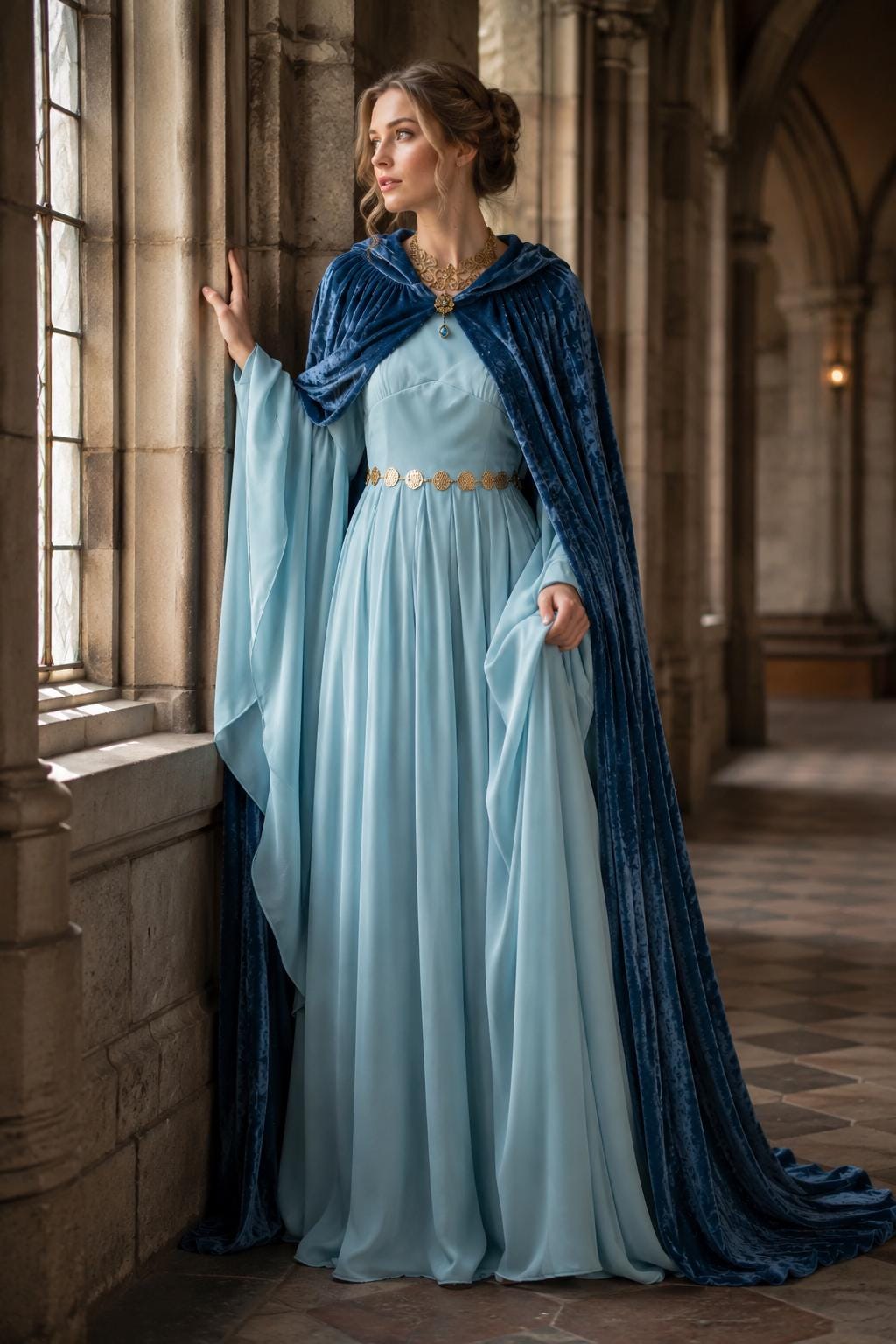 light blue renaissance dress Medieval Size:50W the Amalia Dress is loose fit Teal Coast Satin Ruched