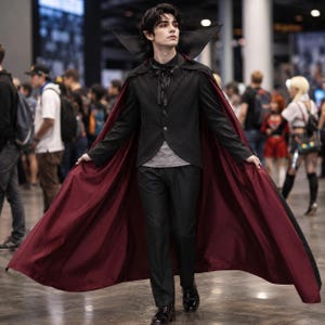 May include: A black suit jacket and matching trousers worn with a grey undershirt and a long, floor-length cape. The cape features a high, stiff collar and a deep burgundy red lining that contrasts with the black exterior. A black ribbon tie is at the neck.