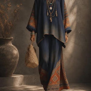 May include: A navy blue tunic and wide-leg trousers set featuring a faded ombre effect and burnt orange patterned borders. The tunic has long sleeves and a scoop neckline. The outfit is accessorized with layered beaded necklaces and a woven bag.