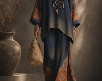 Boho tweedelige loungeset voor dames | Kaftan top & wijde palazzo broek | Resort outfit