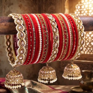 Puede incluir: Un conjunto de brazaletes de terciopelo rojo con detalles en metal dorado, hileras de pequeñas perlas blancas y adornos de cristal transparente. Tres dijes dorados en forma de campana con borde de perlas cuelgan de los brazaletes.