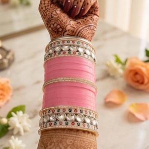 Könnte beinhalten: Ein Armreif-Set bestehend aus breiten rosa Reifen, dünnen goldfarbenen Metallreifen und zwei dekorativen Reifen, die mit klaren, facettierten Steinen sowie kleinen roten und grünen Akzenten besetzt sind. Ein großer Ring mit grünem Stein.