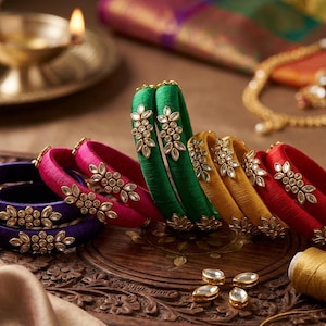 Handgefertigtes Set aus Seidenfaden-Kundan-Armreifen, mehrfarbiges florales Kada, traditioneller indischer Schmuck