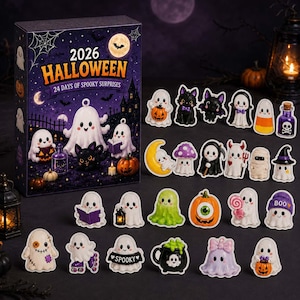 May include: A 2026 Halloween advent calendar box titled 24 Days of Spooky Surprises, featuring a dark purple night scene with ghosts and pumpkins. Beside the box are 24 small, colorful Halloween-themed figurines including ghosts, bats, cats, and pumpkins.