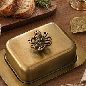 May include: A rectangular brass butter dish with a matching lid featuring a three-dimensional octopus figurine as a handle. The metal has a brushed, antique finish with visible texture on the lid and base, showcasing a functional kitchen item.