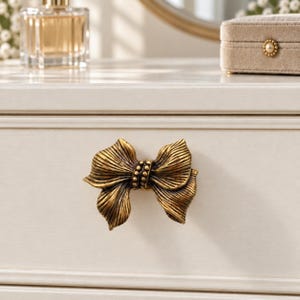 Solid Brass Bow Cabinet Knob, Vintage Ribbon Drawer Pull, Coquette Dresser Handle, Nursery Wardrobe Hardware, Romantic Furniture Knob