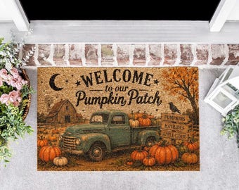 Welcome to Our Pumpkin Patch Doormat, Rustic Fall Welcome Mat, Vintage Truck Coir Doormat, Autumn Porch Decor, Harvest Door Mat