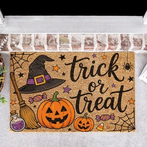 Trick or Treat Halloween Doormat, Pumpkin Welcome Mat, Spooky Coir Doormat, Witch Hat Front Door Mat, Halloween Porch Decor