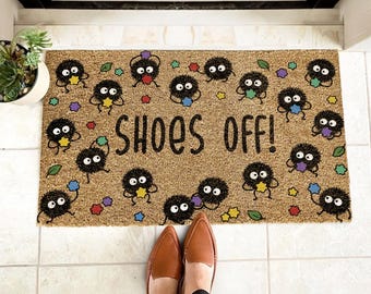 Cute Black Dust Sprite Shoes Off Doormat, Funny Coir Welcome Mat, Natural Coconut Fiber Front Door Mat, Entryway Decor