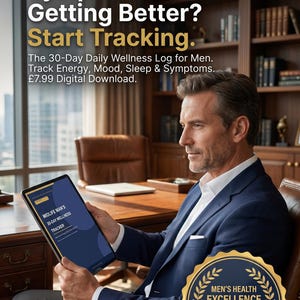 May include: A digital 30-day daily wellness log for tracking energy, mood, sleep, and symptoms. The text reads: Not Sure If Your Symptoms Are Getting Better? Start Tracking. The 30-Day Daily Wellness Log for Men. Track Energy, Mood, Sleep & Symptoms.
