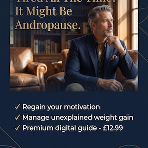 May include: A digital guide titled Tired All The Time? It Might Be Andropause. The text includes bullet points: Regain your motivation, Manage unexplained weight gain, and Premium digital guide. The KESHINTON ESSENTIALS logo is at the bottom.