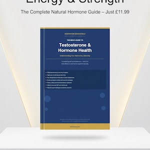 May include: A blue book titled Keshinton Essentials The Men's Guide to Testosterone & Hormone Health. The cover features white text detailing topics like hormone levels, lifestyle factors, nutrition, exercise, and natural support strategies.