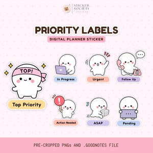 May include: A set of digital planner stickers titled Priority Labels featuring white cartoon characters. Icons include Top Priority, In Progress, Urgent, Follow Up, Action Needed, ASAP, and Pending. The design includes pink, blue, and yellow accents.