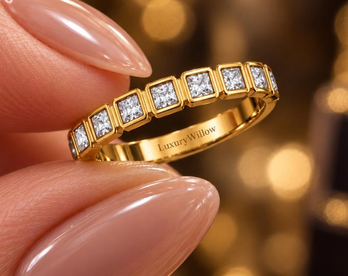 Princess Cut Diamond Wedding Band, Half Eternity Ring, Bezel Set Diamond Band, Stackable Gold Ring, Anniversary Ring for Women