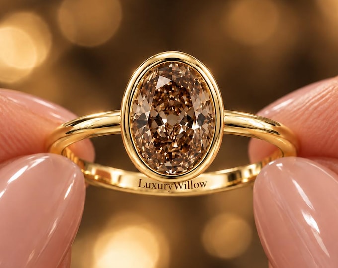 2.50 CT Oval Brown Diamond Ring, Bezel Set, Solid Gold Solitaire Engagement Ring