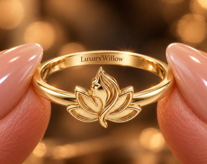 Solid Gold Lotus Flower Ring, Minimalist Nature Inspired Ring, Handmade Floral Ring, Botanical Jewelry Gift for Women, Everyday Ring
