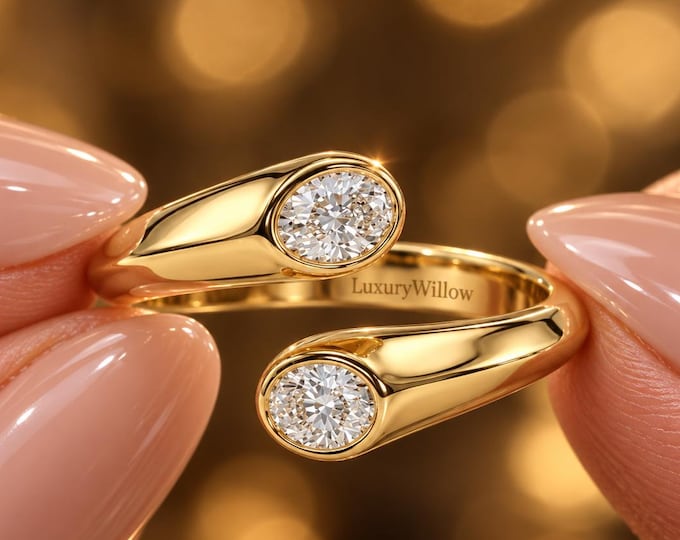 Open Wrap Diamond Ring, Double Diamond Bezel Ring, Toi et Moi Promise Ring, Solid Gold Anniversary Gift for Her