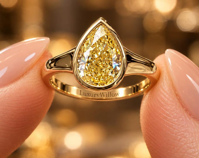 2.50 CT Pear Shape Yellow Lab Grown Diamond Ring, Bezel Set Engagement Ring, Solitaire Diamond Ring, Gold Ring for Women