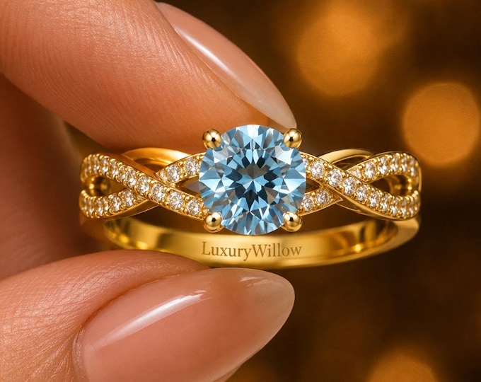 1.50 CT Blue Oval Lab Grown Diamond Engagement Ring, Infinity Twist Diamond Ring, Solid Gold Bridal Ring, Unique Anniversary Ring for Her
