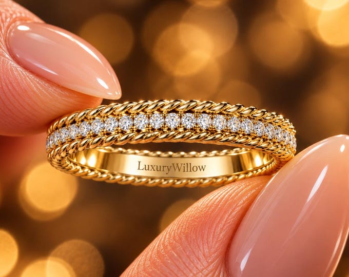 0.60 CTW Lab Grown Diamond Twisted Rope Band, Stackable Gold Wedding Ring