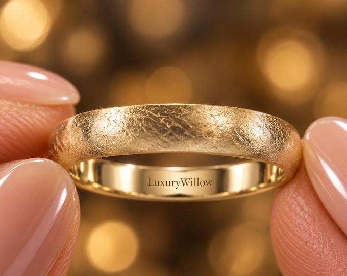 3MM Textured Gold Wedding Band, 2.5mm Minimalist Ring, 10K 14K 18K Solid Gold Wedding Ring, Unisex Anniversary Band, Handmade Stackable Ring