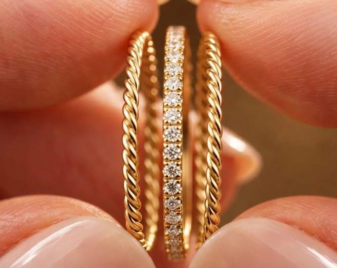 3 Ring Stack Set, Diamond Wedding Band with Twisted Rope Rings, Dainty Gold Stacking Rings, Minimalist Bridal Ring Set for Women