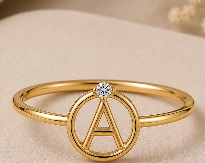 Custom Circle Initial Ring in Solid 14K Gold with Lab Grown Solitaire Diamond, Personalized Letter Jewelry, Monogram Gift for Her