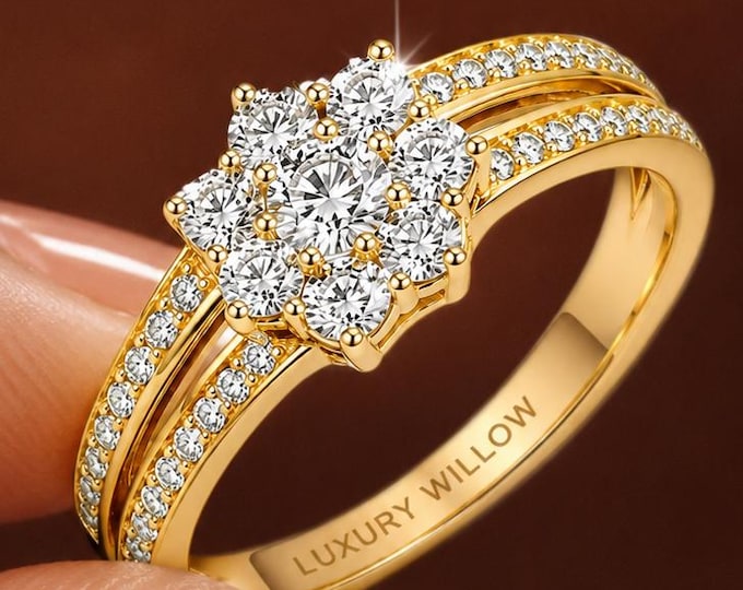 Solid Gold Cluster Diamond Engagement Ring, 1.85 CTW Lab Grown Diamond Ring, Floral Bridal Ring, Split Shank Promise Ring, Anniversary Gift