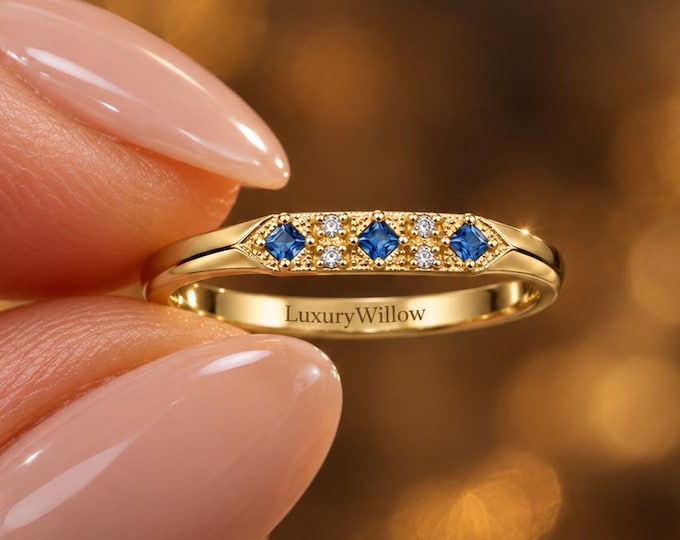 Blue Lab Grown Diamond Ring, 1.00 CTW Diamond Band, 3 Stone Blue Diamond Ring, Vintage Milgrain Ring, Anniversary Band, 10K 14K 18K Gold