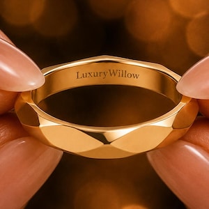 Faceted Gold Wedding Band, Geometric Ring, Diamond Cut Gold Ring, Minimalist Wedding Band, Solid Gold Stackable Ring,