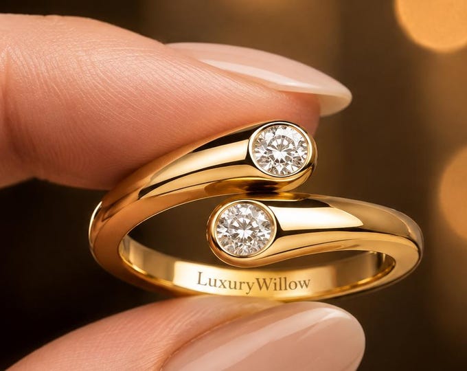 Two Stone Lab Grown Diamond Ring, Round Diamond Toi et Moi Ring, Open Bypass Engagement Ring, Minimalist Promise Ring for Her