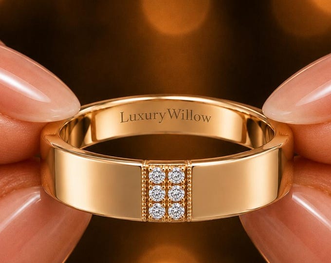 Men's Diamond Wedding Band, Solid Gold Diamond Ring, Wide Gold Band, 6 Stone Diamond Ring, Anniversary Ring, Minimalist Wedding Ring