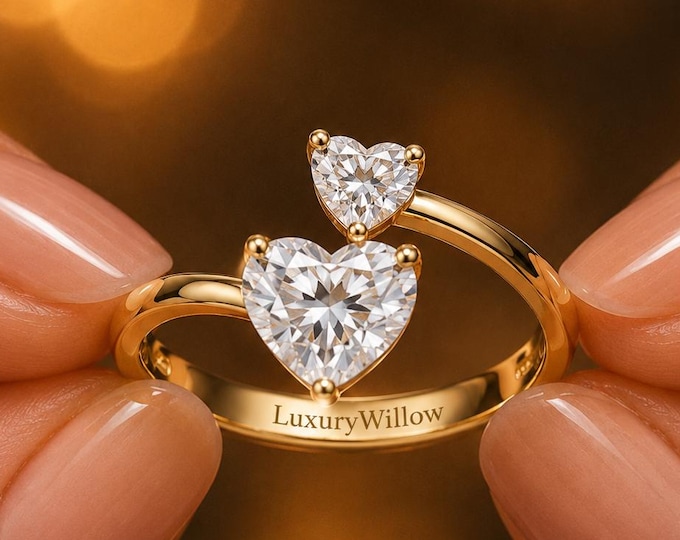 2Ct Two Heart Lab Grown Diamond Ring, Toi et Moi Engagement Ring, Double Heart Diamond Ring, 10K 14K 18K Gold Promise Ring for Her