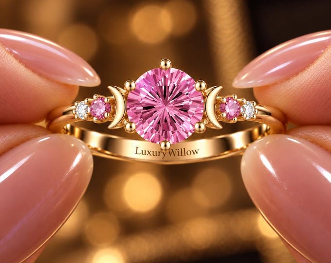 1.50 CT Pink Diamond Engagement Ring, 2.20 CTW Celestial Moon Ring, Lab Grown Diamond Ring, 10K 14K 18K Gold, Unique Bridal Ring